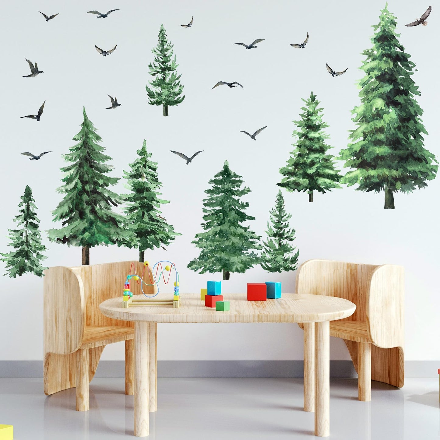 Qilery Large Pine Tree Wall Decals Winter Tree Wall Decal Watercolor Peel and Stick Forest Stickers Woodland Birds Branch Sticker for Nursery Bedroom Living Room(Classic Style)