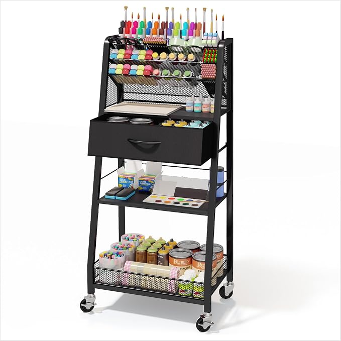 Homsorout 3 Tier Rolling Cart - Metal Utility Cart with Storage Drawer and Wheels, Versatile Art & Craft Organizer for Home, Office, or Studio - Ideal for Storing Brushes, Paints, and Supplies（Black）