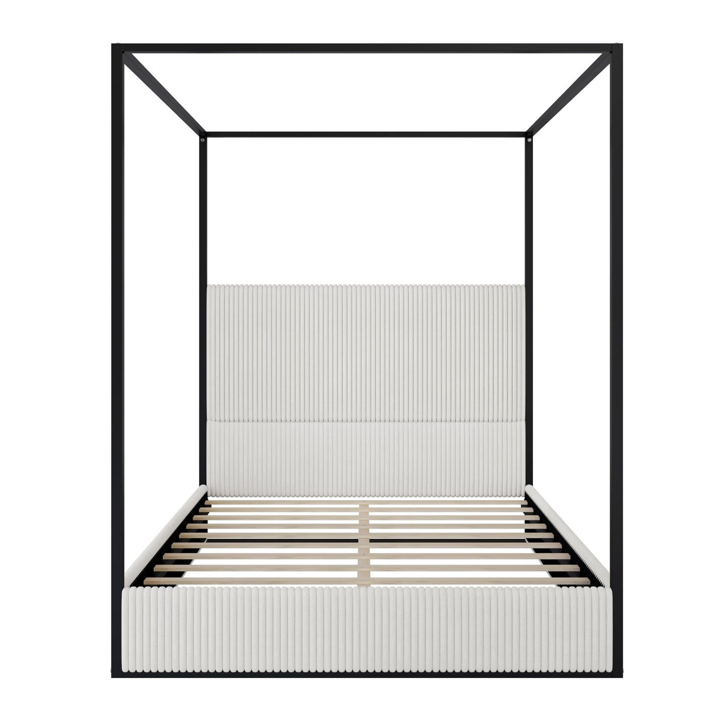 Merax Modern Luxury Queen Metal Canopy Bed with Tall Upholstered Headboard, Gold Four Poster Bed, No Box Spring Needed, White