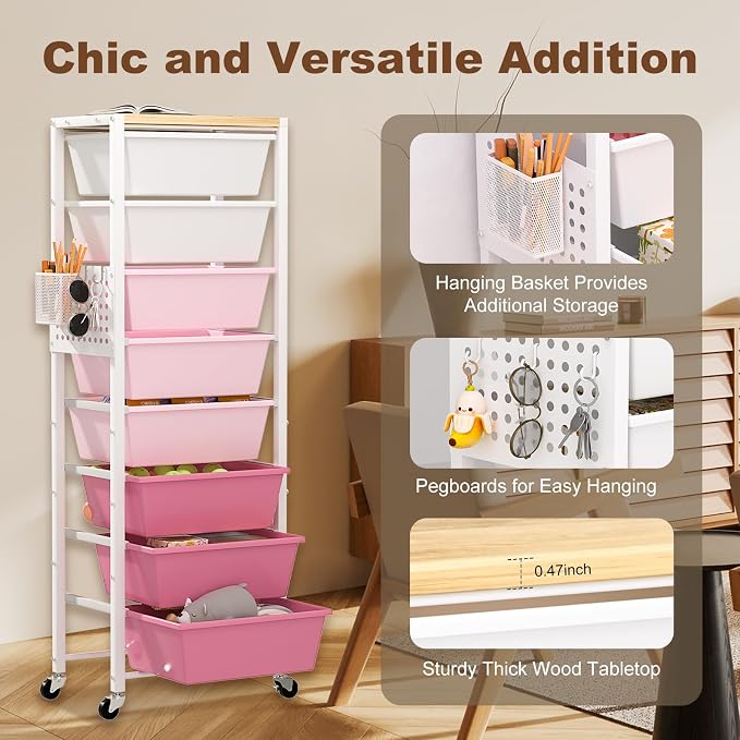Rolling Cart with Drawers, Rolling Storage Cart with Large Plastic Drawers & Wooden Tabletop, Utility Cart with Pegboards & Basket, Storage Drawers Cart for Living Room, Classroom, Bedroom, Office