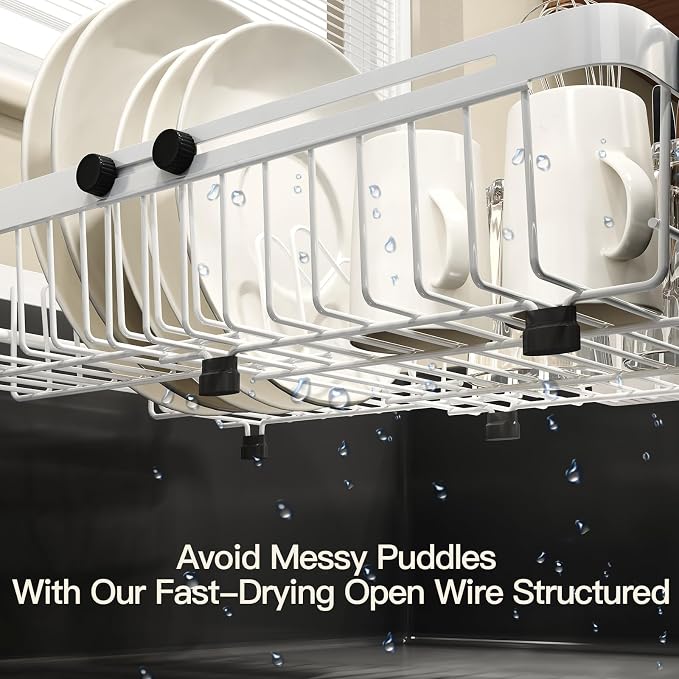 MAJALiS White Dish Drying Rack Over The Sink with Utensil Holder, Mat | Expandable Stainless Steel Dish Drainer for Small Kitchen, Apartment, RV, Counter Space Saving, Perfect Fit, Rustproof