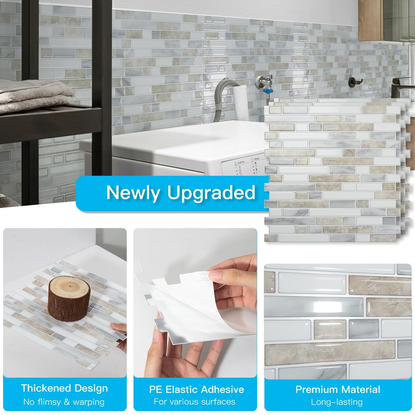 Art3d 10-Sheet Heavy-Duty Peel and Stick Backsplash, Waterproof Wall Tiles Stick on Kitchen Backsplash Living Space, Beige & White