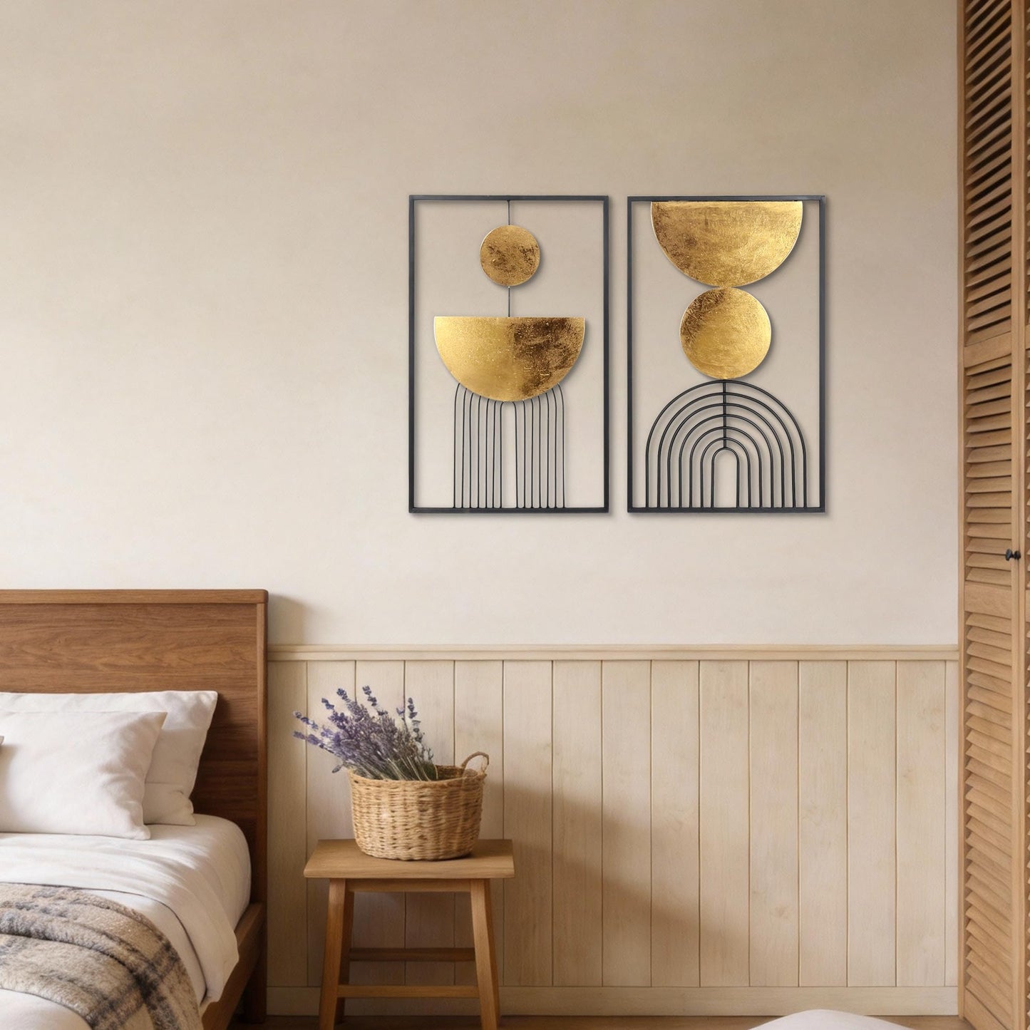 Abstract Geometric Wall Decor Set, Gold and Black Metal Wall Art with Circular and Linear Designs, 2 Piece Framed Modern Wall Sculpture