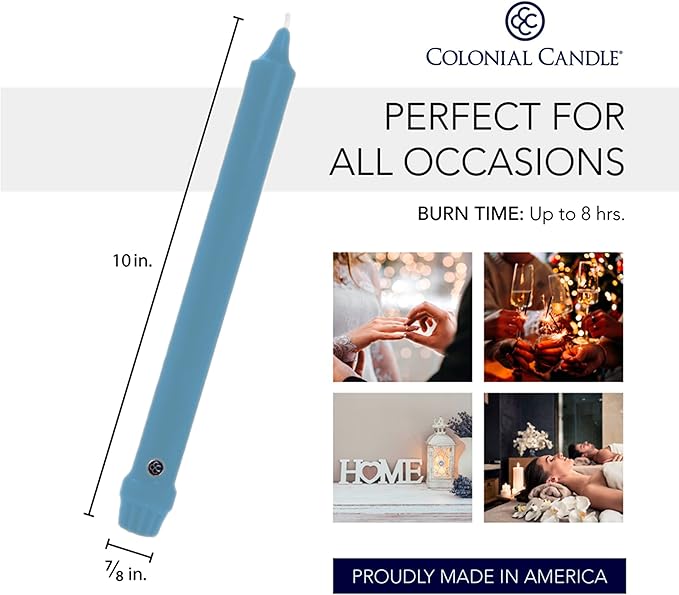 Colonial Candle Unscented Taper Candle, Classic Collection, Wedgewood, 10 in, Pack of 12 - Up to 8 Hours Burn