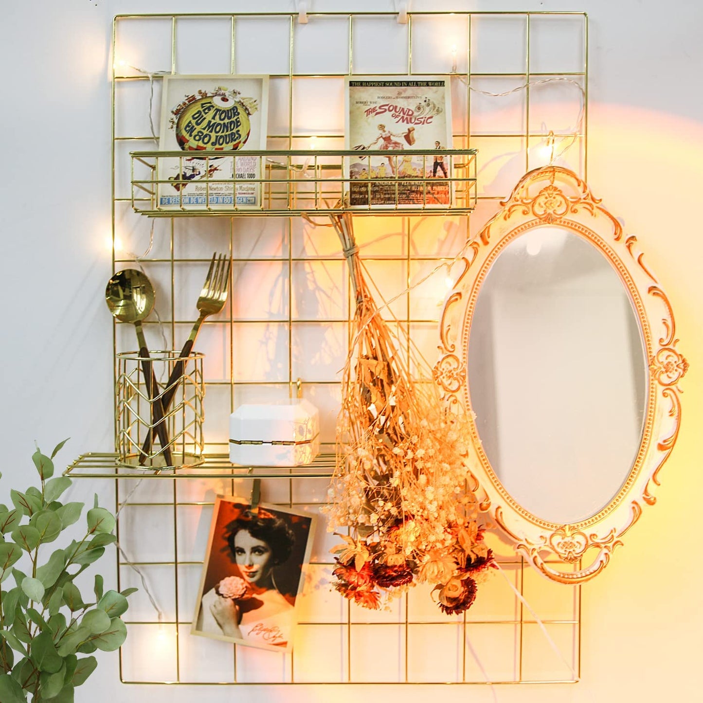 BULYZER Grid Wire Board,for Memo Picture Panel Wall Decoration for Room Office Mat Photo Hanging Art Display Frames Desk Storage Organizer,17.3" x 11.8"(2Pack) (Gold)