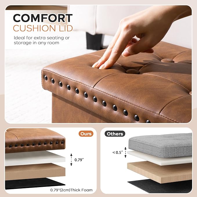 oakvivo Folding Storage Ottoman 16x12x12 inches, Small Faux Leather Foot Rest Stool with Button Tufted Rivet Design, Footstool Bench, Ottoman with Storage for Living Room Bedroom Coffee Table, Brown