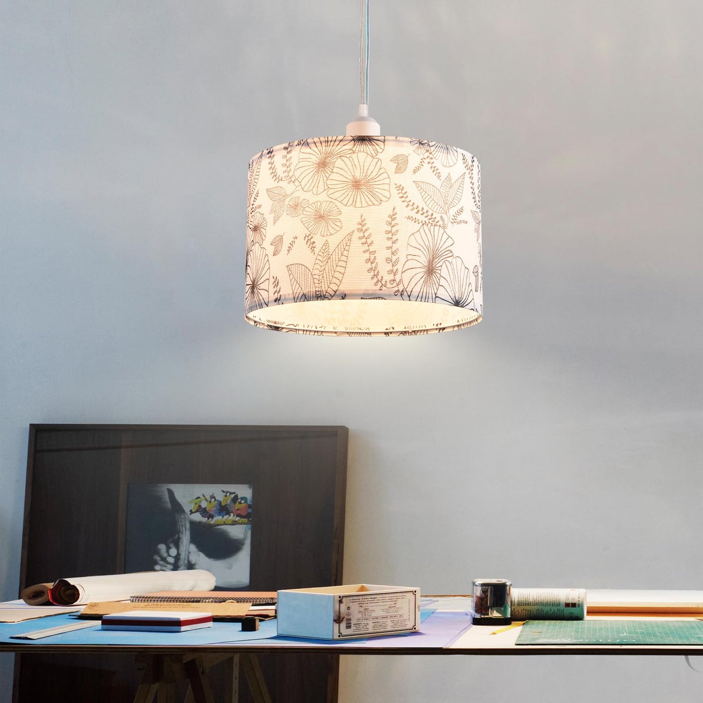 IHENGYANLT 2 Pack Plug in Pendant Light, Hanging Light with 15Ft Clear Cord, On/Off Switch, Flower Fabric Lamp Shade, Hanging Light Fixture for Bedroom, Kitchen, Living Room, Dining Table