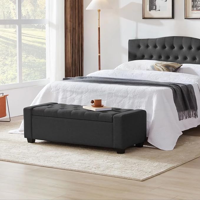 Huatean Home 48" Ottoman with Storage, Storage Ottoman Bench with Safety Hinge, Upholstered Entryway Bench with Seating for Bedroom, Living Room, Holds up to 330 lb, Dark Gray