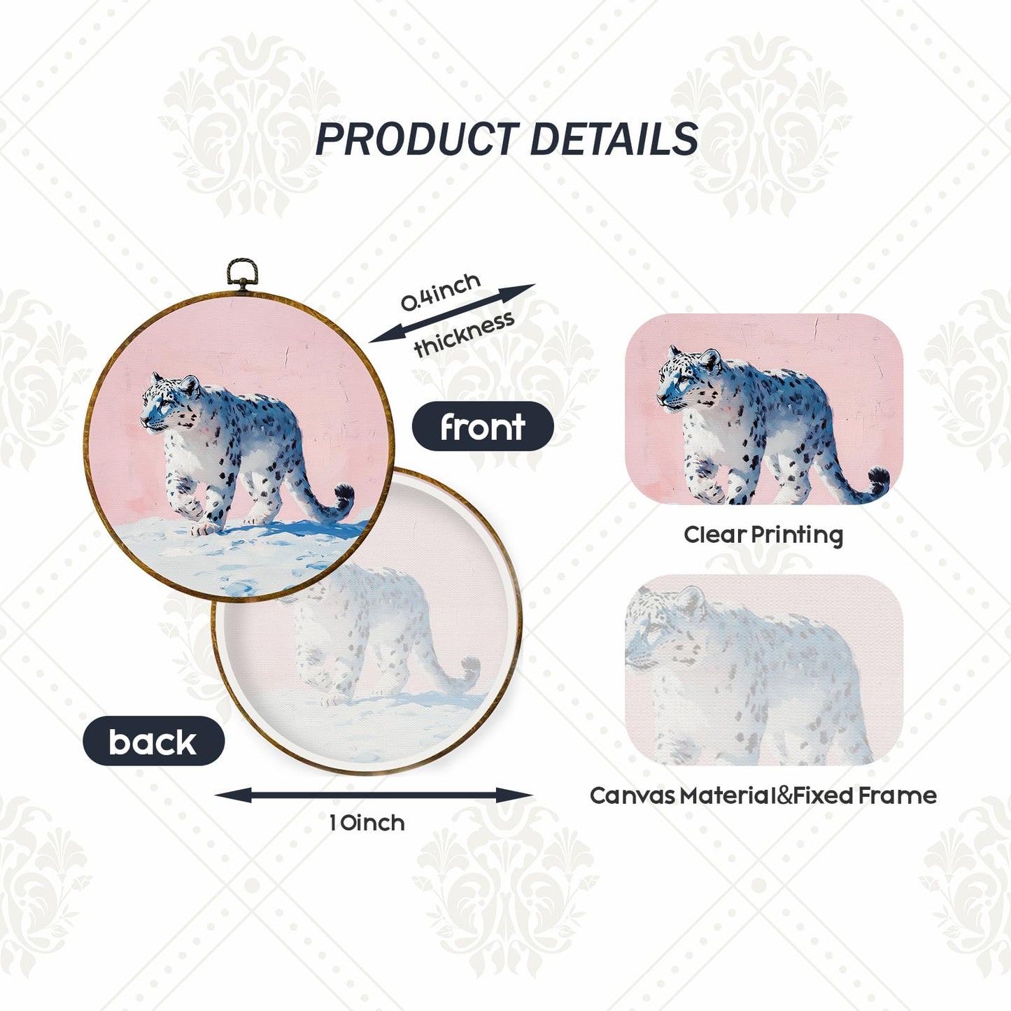 zewepri Snow Leopard Wall Art – Quirky Round Canvas, Animal Lover Gift, 10×10 Inch Decorative Wall Art for Kids’ Room, Bathroom, Living Room & Office, Perfect Housewarming & Holiday Gift