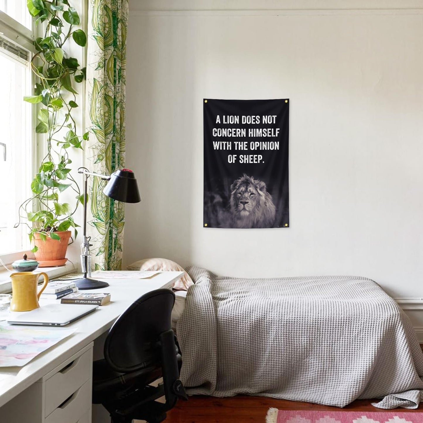 A Lion Does Not Concern Himself with The Opinion of Sheep Tapestry 2x3 Feet, Motivational Quote Lion Wall Art Poster for Office, Study Room, University Dorm, Home Library Inspirational Decor