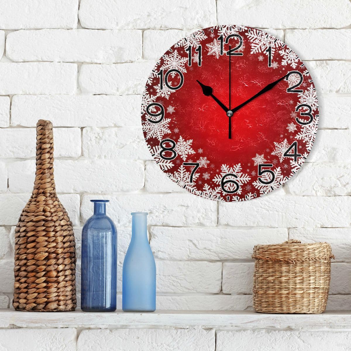 ALAZA Christmas White Snowflakes on Red Wall Clock Battery Operated Non Ticking Silent Quartz Analog Rustic Farmhouse Round Clock Retro Decor for Home Kitchen Living Room Bathroom