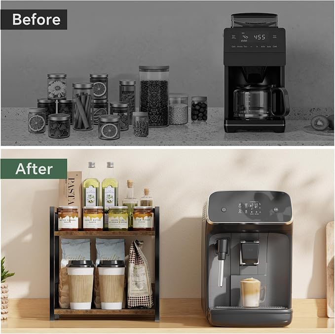 Simple Trending Countertop Shelf Organizer, 2 Tier Kitchen Spice Rack, Coffee Bar Station Storage, for Kitchen Cabinet Bathroom Living Room, Brown, M
