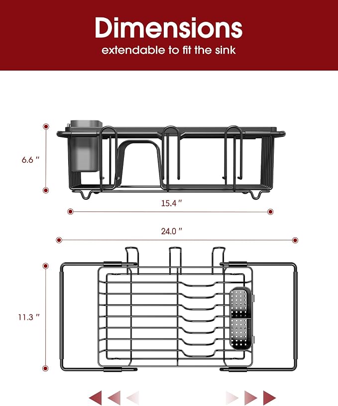 Sakugi Dish Drying Rack in Sink - Expandable Stainless Steel Dish Rack Over The Sink, Kitchen Sink Drain Strainer with Cutlery Holder & Cup Holders, 15.4 x 11.3 x 6.6 Inch, Black