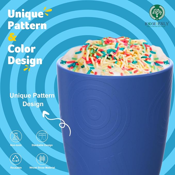 Homienly Wheat Straw Cups Set of 8, 12oz Drinking Cups, Plastic Cups Reusable Dishwasher Safe, Water Cup Set for Juice, Milk, Coffee - Ocean
