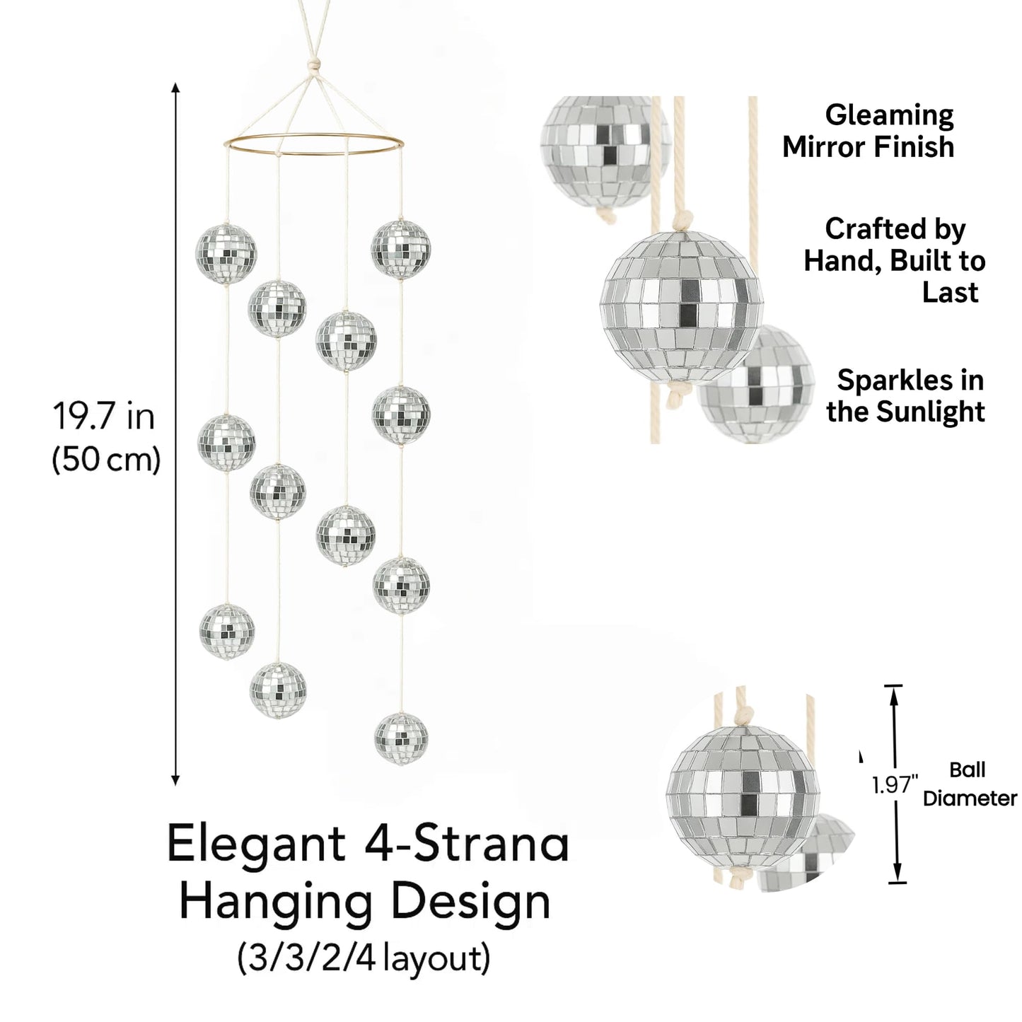 Disco Ball Mobile Hanging Decor - 12pcs 2" Mirror Disco Balls, Elegant 4-Strand Design, Party and Home Decorative Ornament for Bedroom, Weddings, Christmas, Festivals, Events(Silver)