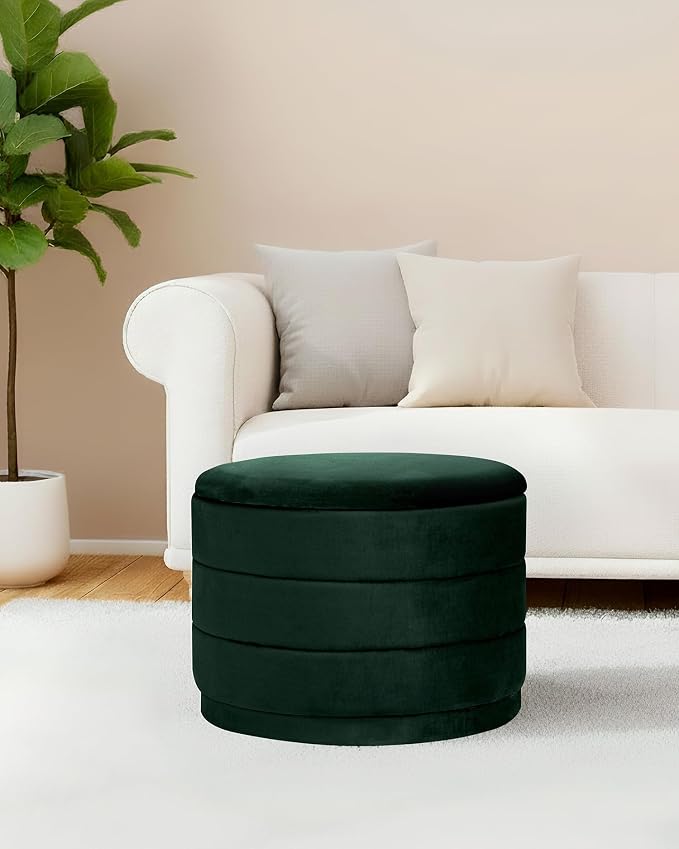 B FSOBEIIALEO Round Velvet Storage Ottoman with Tray, Folding Ottoman with Storage Coffee Table Foot Rest for Dorm Room, Living Room Bottle Green, 22.83"x22.83"x17.32"