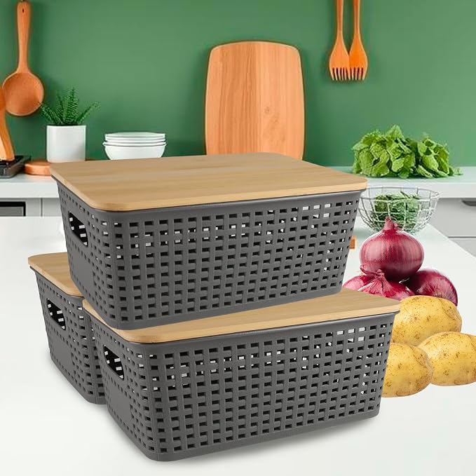 Onion and Potato Storage Bins Set,Potato and Onion Storage Bin for Pantry with Bamboo Lid&Handle,3 Pack Vegetable Storage for Onions,Potatos,Produce,Fruit,Bread,Snack Basket