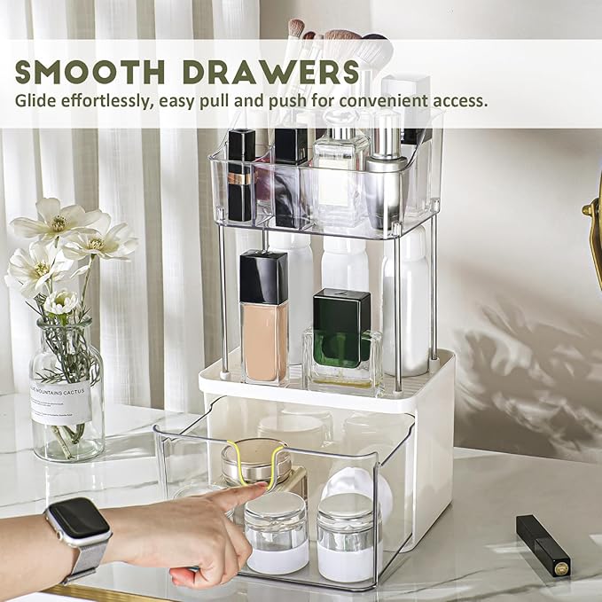 FORUP Makeup Organizer for Vanity, 2-Tier 1-Drawer Bathroom Counter Organizer, Multi-Purpose Vanity Organizer, Skincare Perfume Organizers, Cosmetic Dresser Organizer for Vanity Countertop, Clear