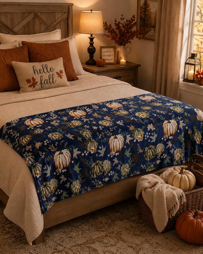 Fall Pumpkin Throw Blanket: Soft Orange White Pumpkins Leaves and Berries on Blue Background for Living Room Couch Bed Chair or Dorm