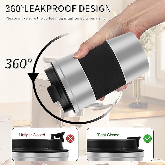 YINBAOGE Insulated Travel Coffee Mug, Spill & Leak Proof, Portable To Go Camping Stainless Steel Coffee Tumbler, Reusable Thermal Coffee Cup with Lid for Hot & Cold Drinks(Silver black, 12 OZ)