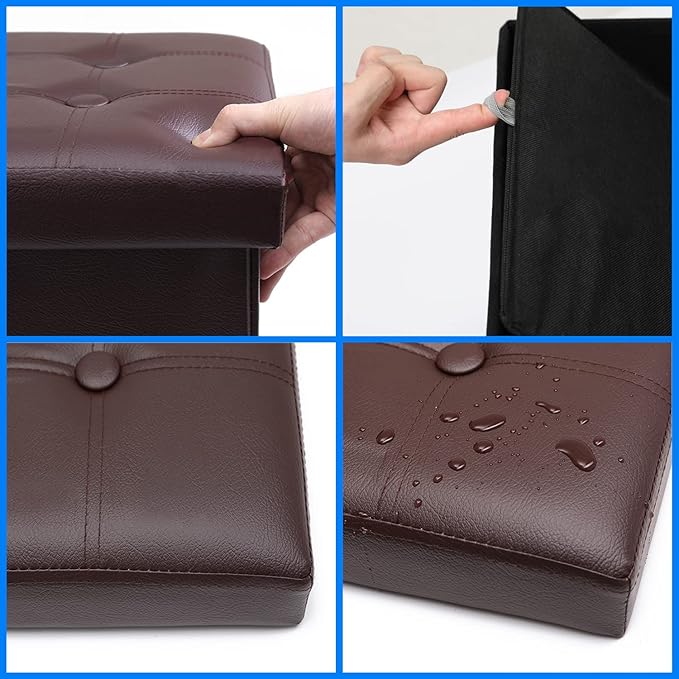 Bsketa Storage Ottoman, Folding Foot Stool with Thicker Foam Padded Seat Small Leather Storage Ottoman Bench Foot Rest for Living Room Foldable Coffee Table 17x13x13in,Brown