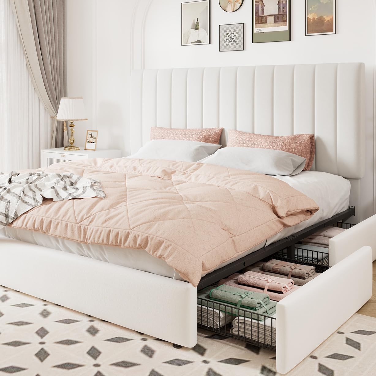 Allewie King Size Storage Bed Frame, Vertical Channel Tufted Adjustable Headboard, Velvet Upholstered Platform Bed with 4 Oversized Underbed Drawers, Wooden Slats Support, No Box Spring Needed, White