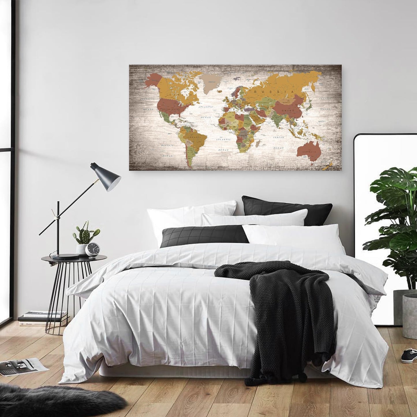 Baisuwallart B0562 1 Piece World Map Poster Canvas Wall Art Painting Modern Framed Map of The World Home Office Decor Maps Picture Prints for Living Room Artwork 48x24inches