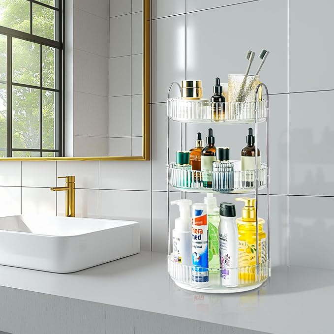 360 Rotating Makeup Organizer, 3 Tier Large Capacity Lazy Susan Bathroom Counter Organizer, Skincare Organizers, Spinning Perfume Organizer & Vanity Organizer Countertop (Silver Clear, 3 Tier)