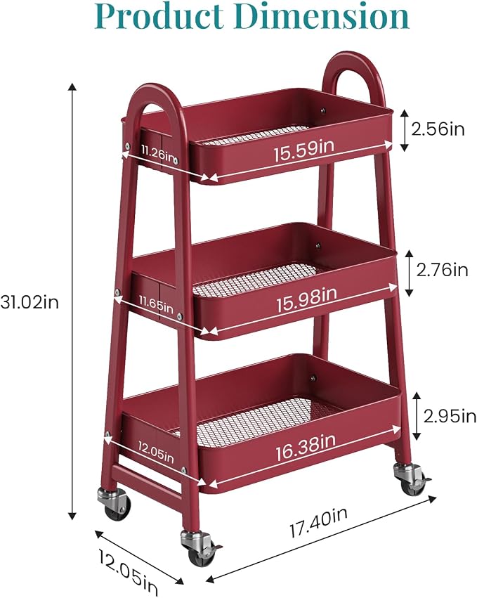 OLIXIS Metal 3 Tiers Utility Rolling Cart, Mobile Storage Shelf with Lockable Caster Wheels, Organization for Livingroom, Bathroom & Narrow Places, Red