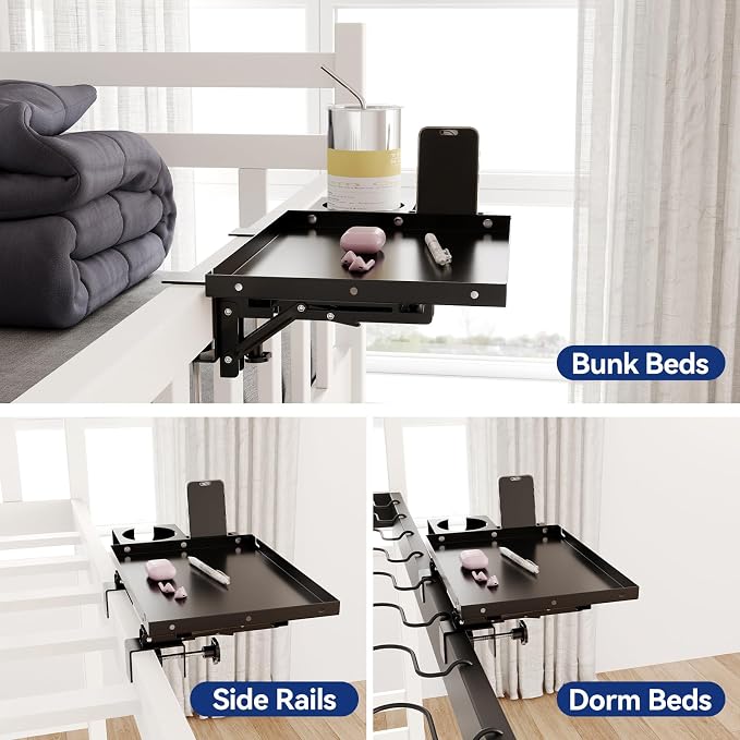 Metal Bedside Shelf Table Tray with Cup Holder, Foldable Bed Side Table for Bunk Bed & Top Bunk, College Dorm Room Essentials for Guys & Girls, Clip-on Laptop Nightstand for IKEA Beds, Black