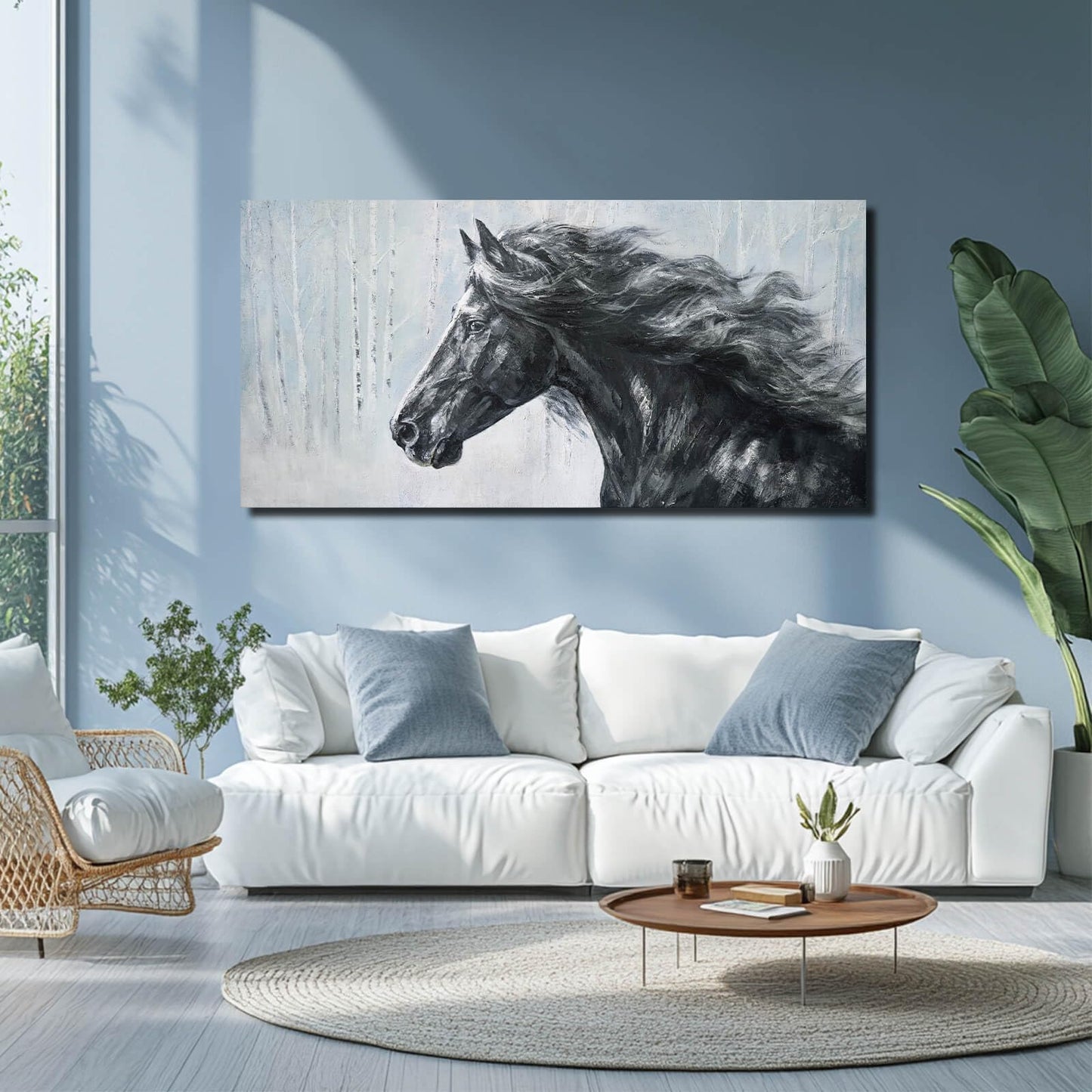 ZHENGYIN Large Black and White Horse Canvas Wall Art, Western Equine Portrait Artwork, Rustic Western Farmhouse Wall Decor for Living Room Office, Above Sofa, 24x48 Inch