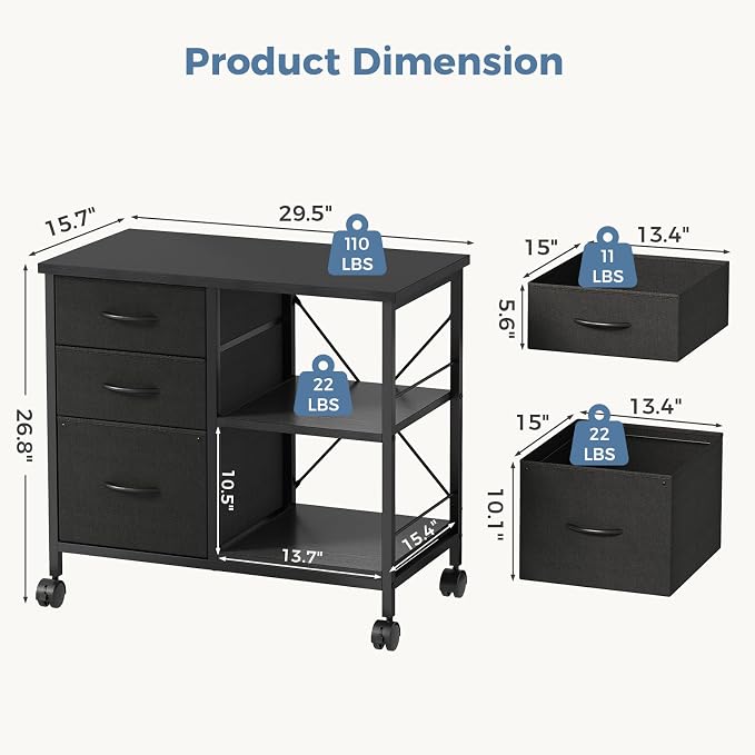 OLIXIS 3-Tier Printer Stand with Fabric Storage Drawer, Rolling Printer Cart with Lockable Wheels and Metal Frame, Under Desk Table with Open Storage Shelf for Small Spaces, Home, Office, Black
