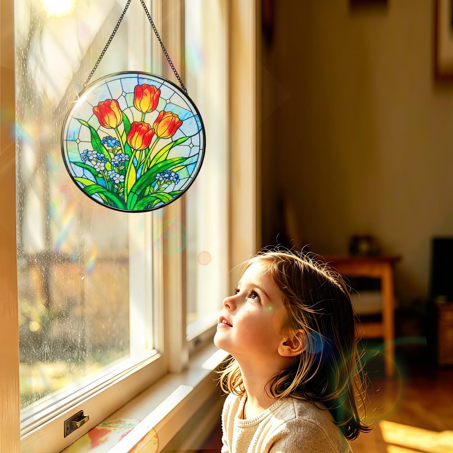 Katinyos 8 Inch Stained Glass Window Hanging, Sun Catcher with Metal Chain and Hooks, Decorative Stained Glass Panel for Garden & Patio (Tulip)