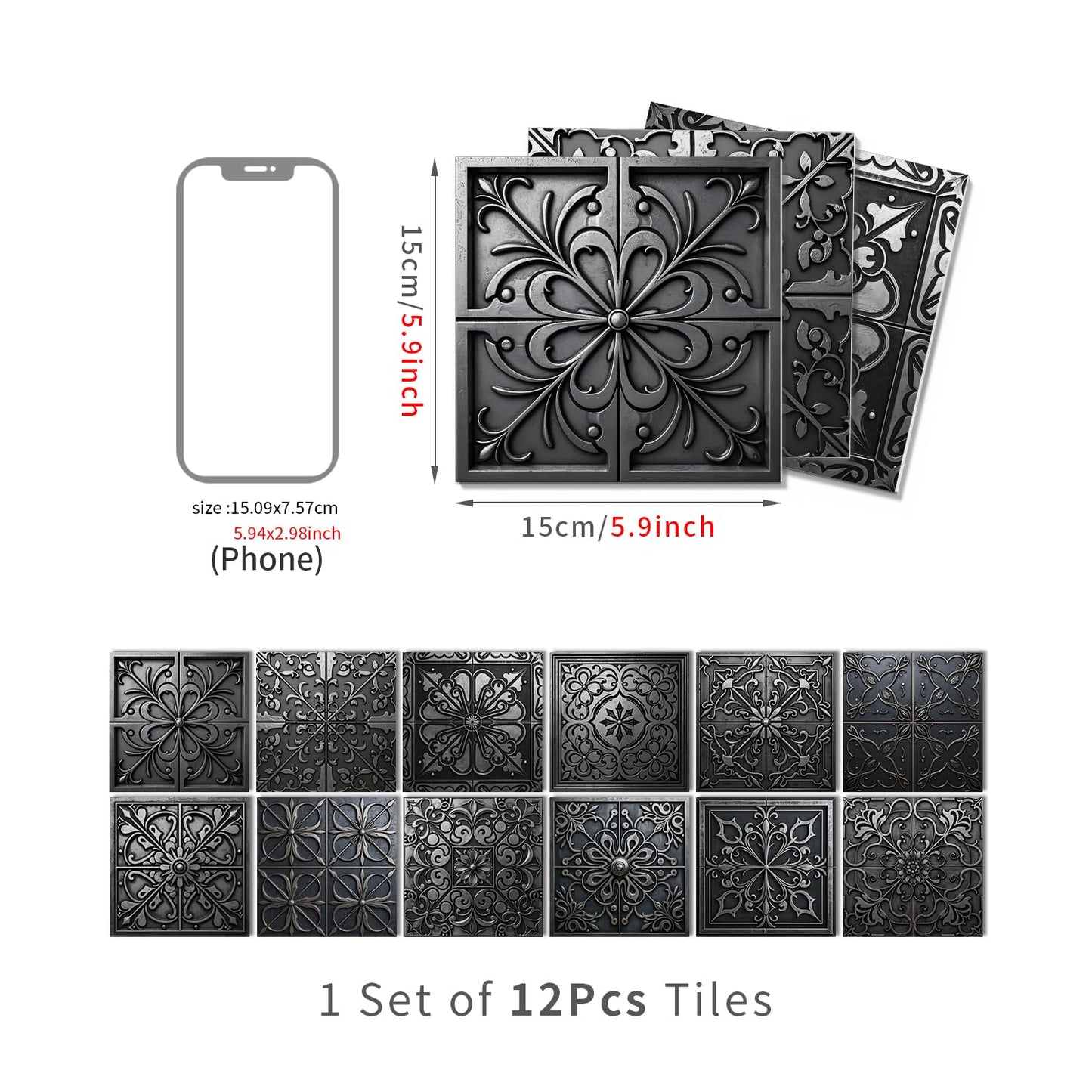 VICCI 12Pcs Tile Stickers 5.9"x5.9" Wall Decals Removable Kitchen Backsplash Peel and Stick Wall Tiles for Bathroom Includes Gift Box