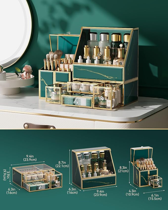 CoralHouse Vintage Green Glass Makeup Organizer with Lid, 3-Piece Vanity Organizer with Gold Frame, Cosmetic Display Case for Skincare, Perfume, Lipsticks, Brushes, Bathroom Countertop & Dresser