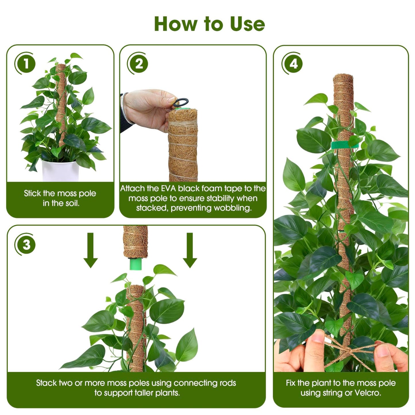 4 Pack 20 Inch Moss Poles, Stackable Moss Pole Monstera Plant Support, 66 Inch Tall Plant Stakes for Climbing Plants Indoor, Coir Plant Support Stick Stand for Potted Plants, Pothos, Philodendron