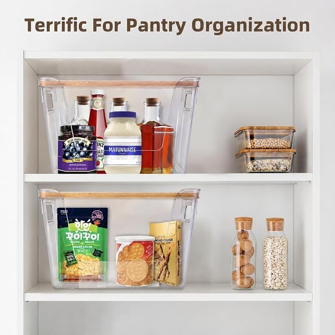 2 Set Pantry Organizers and Storage - Stackable Pantry Storage Bin Containers for Potato, Onion, Garlic, Fruit, Vegetable, Produce - Clear Front Open Kitchen Under Sink Organizer with Lid
