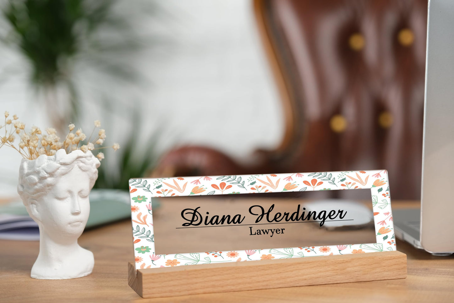 Personalized Desk Nameplate, Custom Acrylic Office Sign for Him Boss, Professional Name Plate for Coworkers, Custom Gift Idea for Office, New Job Gift, Coworker Gift, Phd Gift (Flower Design-1)
