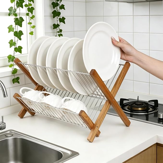 HTB Dish Drying Rack 2 Tier,Collapsible Stainless Steel & Teak Wood Dish Drying Rack,Foldable Dish Drainer for Plates,Cups,Kitchen Counter,Home,Apartment
