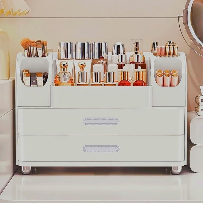 Makeup Organizer with Drawers for Vanity,Bathroom Countertop Organizer with Brushes Holder,Skincare Storage Organizer,Perfect Cosmetic Display Case for Skincare,Lipstick and Beauty Essential