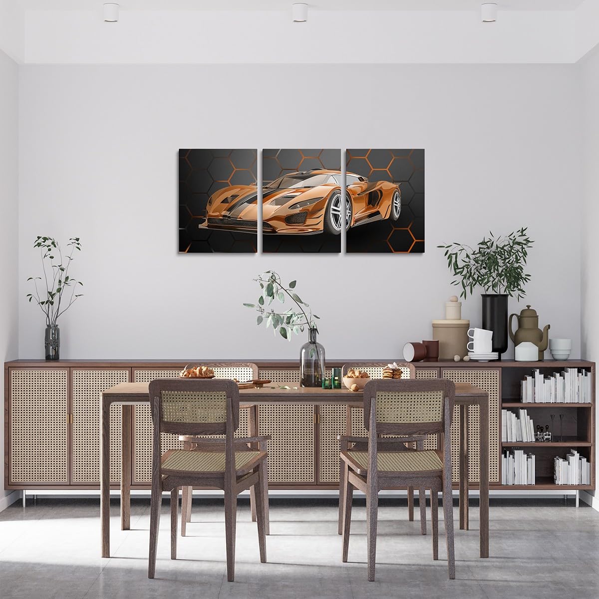 Feelyou Race Car Canvas Wall Art Honeycomb Speed Sports Car Office Wall Artwork Posters Orange Extreme Sports Bathroom Wall Art for Home Decor 12"x16" 3 Piece Hexagon Theme Wall Painting