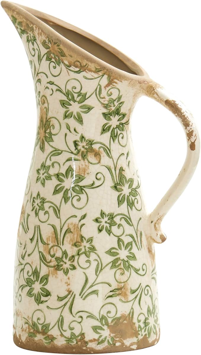 Nearly Natural 10in. Tuscan Ceramic Pitcher Vase, Green Scroll Design, Decorative Flower Vase for Home Decor, Living Room, Mantel & Entryway