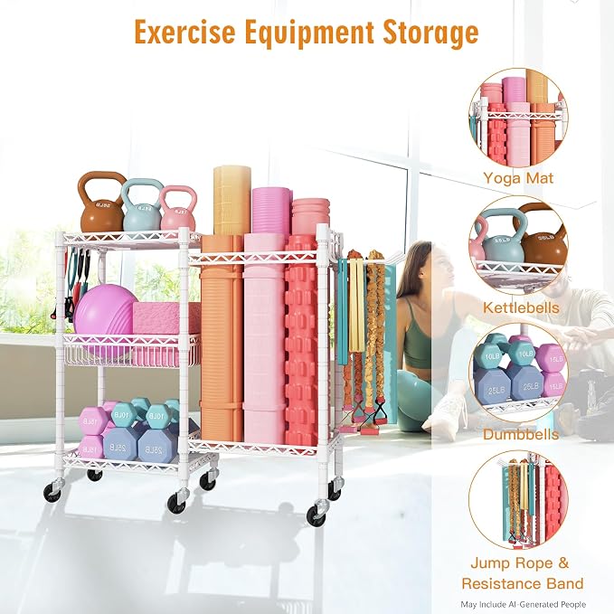 FUTASSI Home Gym Storage, 3 Tiers Workout Equipment Organizer with Wheels for Yoga Mats, Foam Roller, Dumbbells, Kettlebells, and Resistance Bands