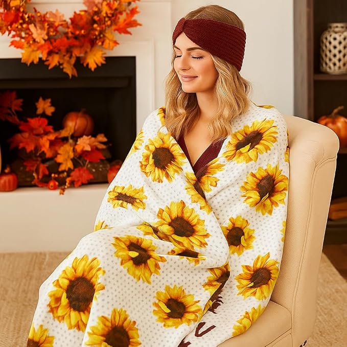 Serafina Home Summer Sunflower Throw Blanket: Beautiful Fleece Flowers with Yellow Brown White Accents, 50" x 60", for Couch, Bed, Travel