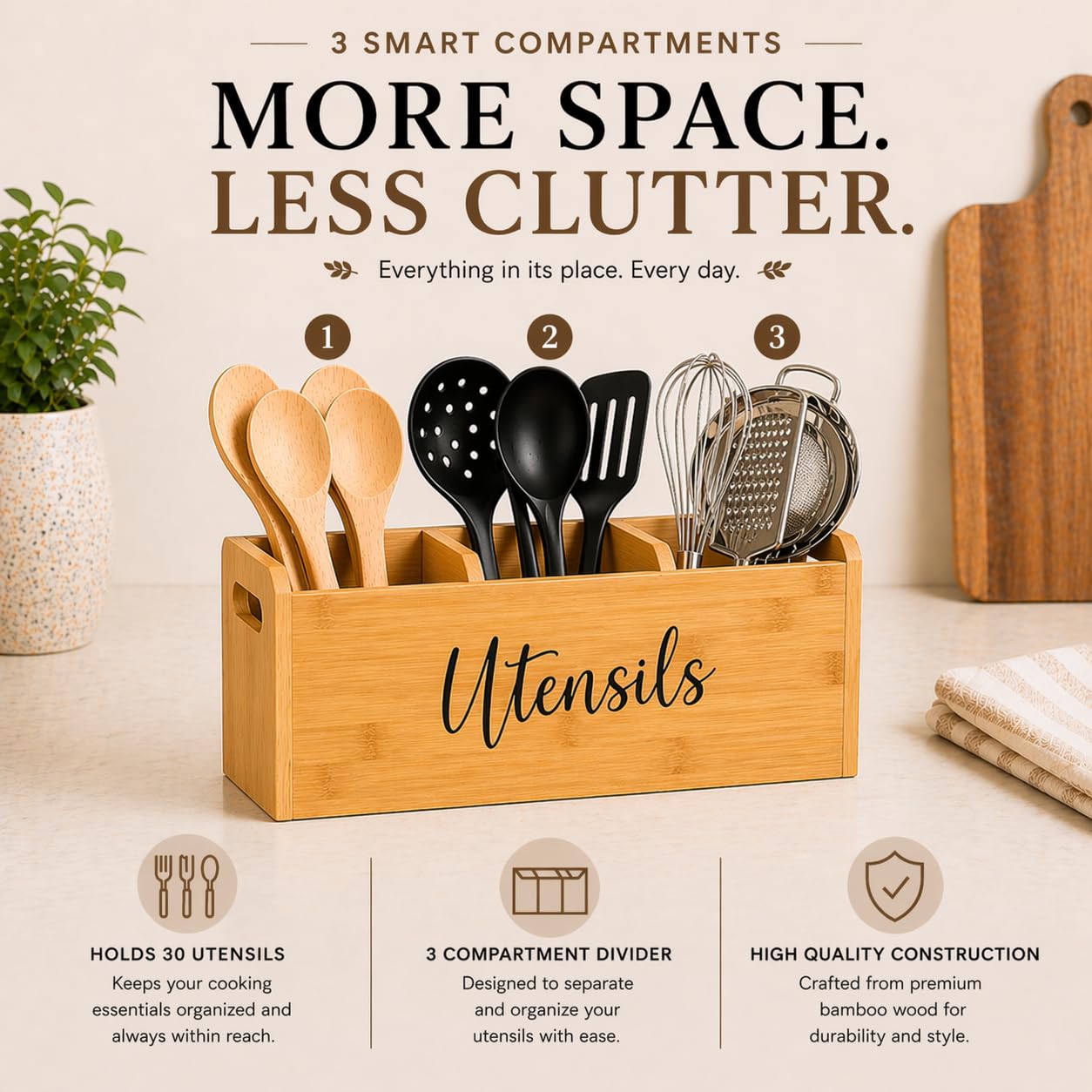 Bamboo Kitchen Utensil Holder for Countertop – Large 3-Compartment Organizer & Caddy with Drain Holes, Farmhouse Utensil Holder for Kitchen Counter, Rustic Wood Storage for Spoons & Spatulas