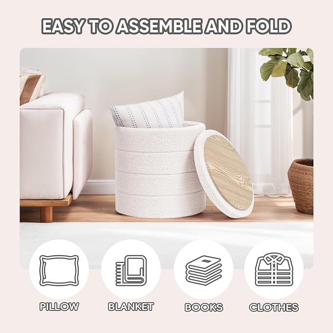 PINPLUS Round Storage Ottoman Foot Rest Stool with Tray Velvet Sherpa Folding Storage Ottoman,Boucle Foot Rest for Living Room, Bedroom, Dorm,White Color