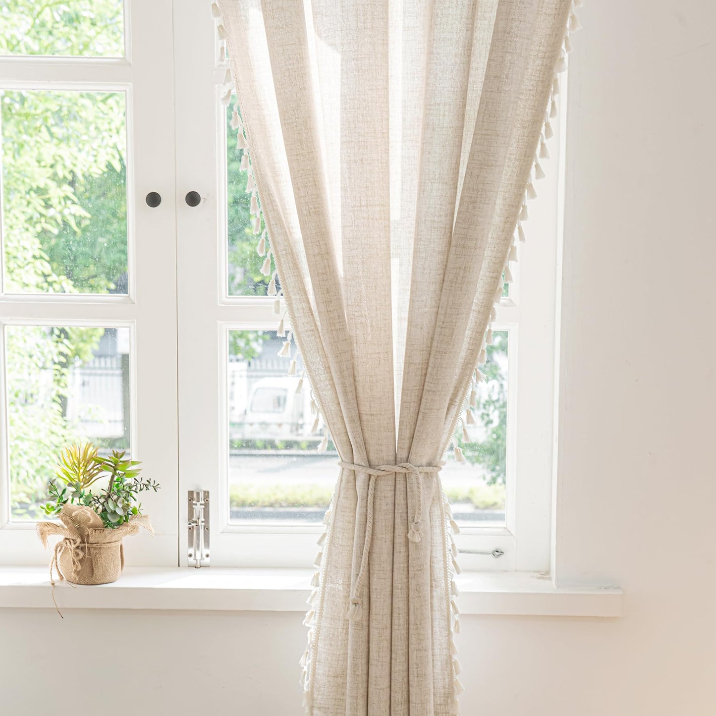 Setaback Boho Curtains for Bedroom Living Room 84 Inch 2 Panels with Tassels, Soft Linen Texture Semi Blackout Sheer Privacy Curtains Window Drapes Rod Pocket, 52" x 84", Natural, 2 Panels