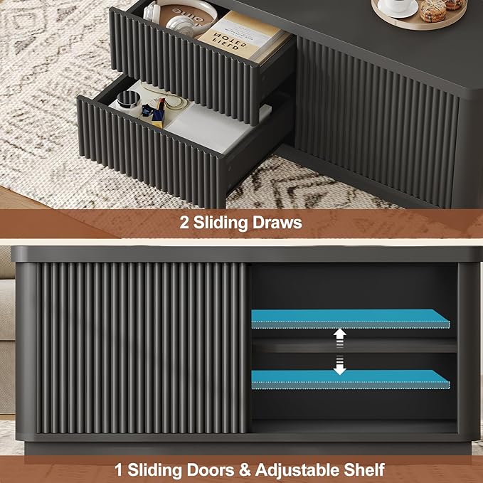 Itaar 39.4'' Lift Top Coffee Table with Storage, Fluted Coffee Tables for Living Room, Square Coffee Table with Large Hidden Compartment & 2 Drawrs & Adjustables Shelves, Black