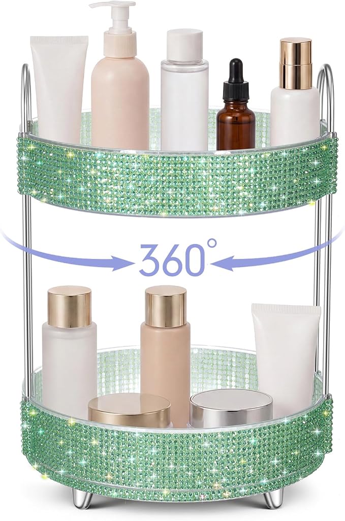 Honeydak 360 Rotating Perfume Organizer Gift for Women, Rhinestone Preppy Skincare Organizer Bathroom Counter Makeup Holder Skincare and Perfume Storage for Cosmetic(2 Tiers,Resin Diamond,Green)