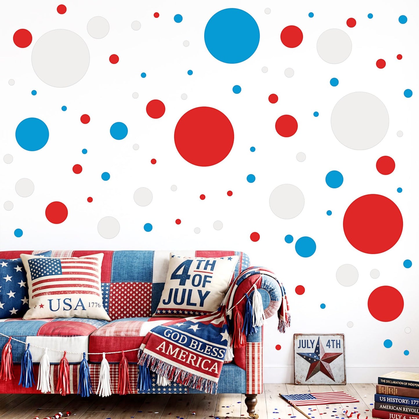Zonon 264 Pcs Polka Dot Wall Decals for 4th of July Red White and Blue Wall Stickers Patriotic Window Clings Independence Day Decor Vinyl Peel and Stick for Veterans Memorial Day Bedroom Living Room